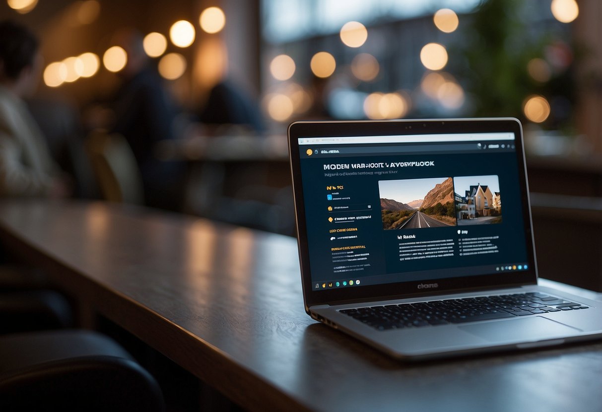 A person browsing a website on a laptop, with a focus on the "Modelspecifieke Informatie Chromebook kopen" section