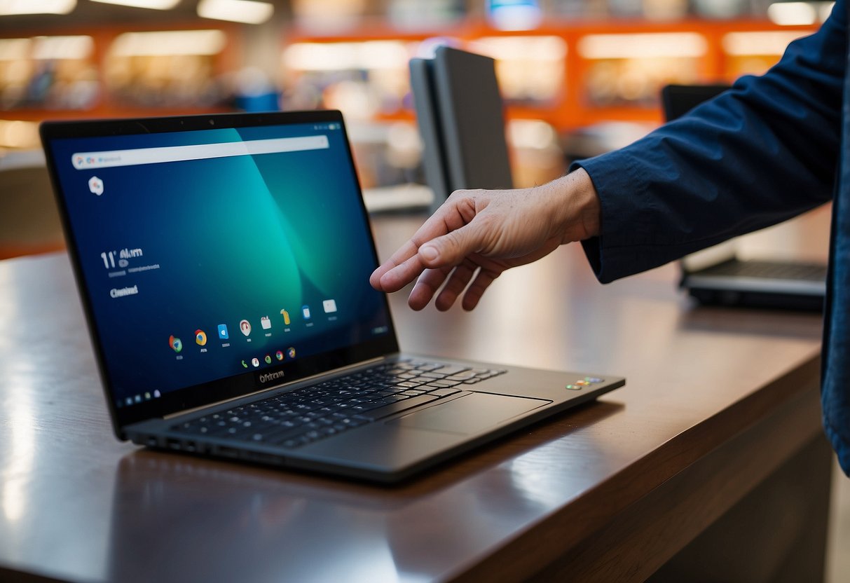 A hand reaches out to purchase a Chromebook from a display table in a brightly lit electronics store