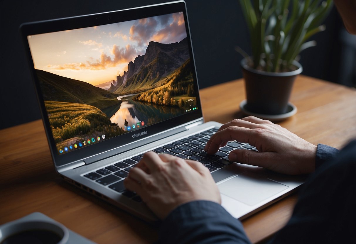A person typing on a sleek Chromebook, surrounded by modern design elements and user-friendly features