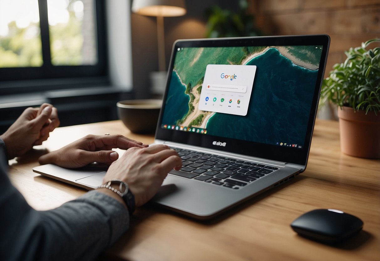 A person unboxing a new Chromebook, setting it up, and navigating the interface with ease