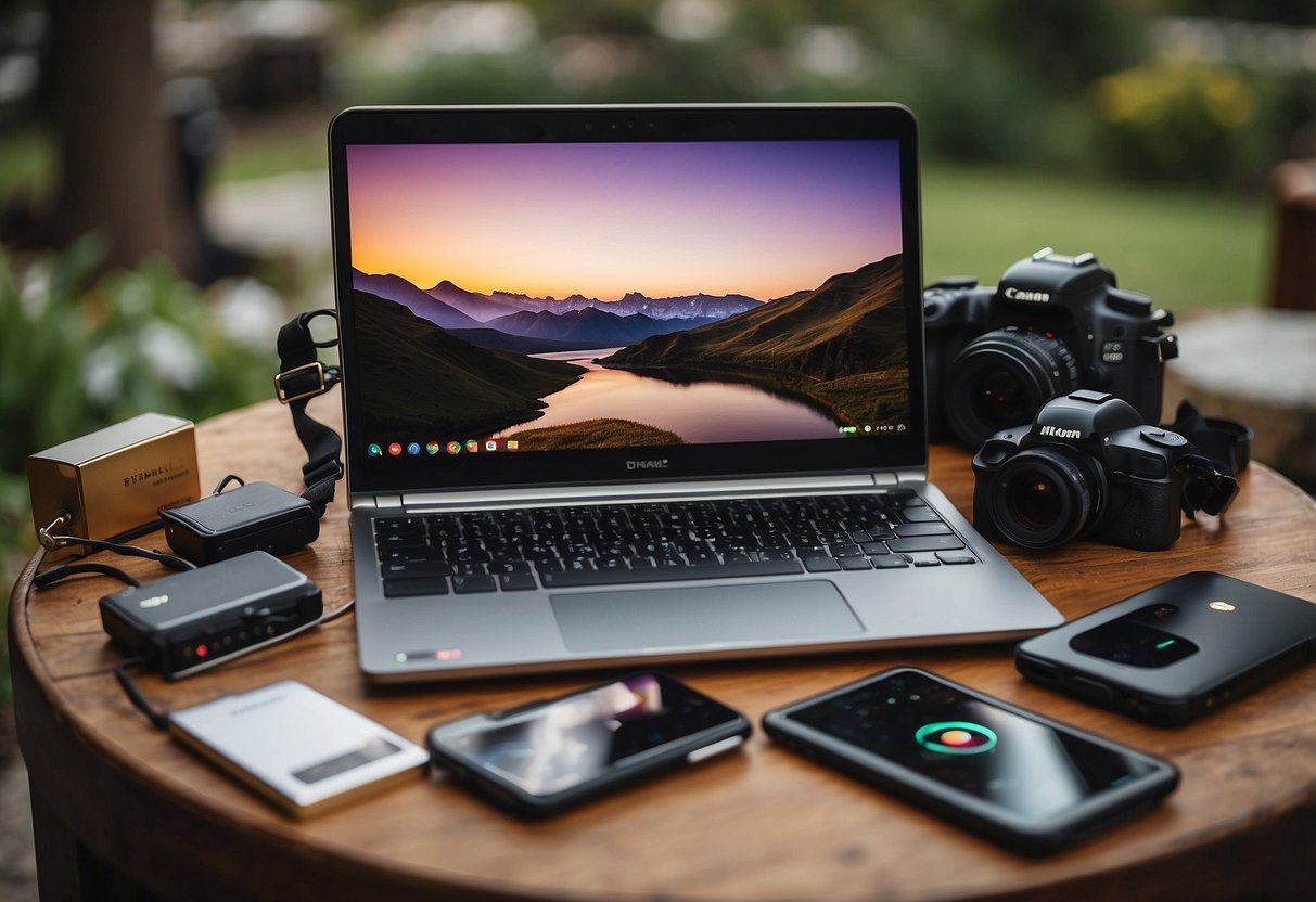 A Chromebook surrounded by accessories and extras, ready to be purchased