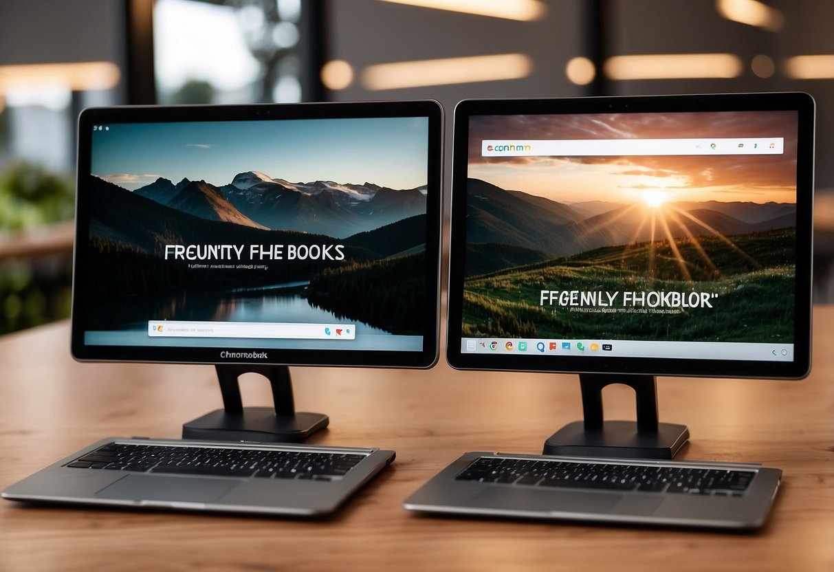 Three chromebooks displayed with "Frequently Asked Questions 3 beste chromebooks" text above