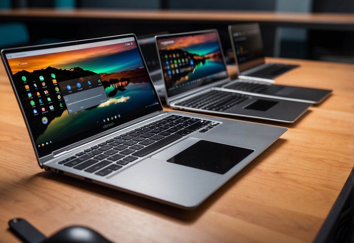 Three chromebooks arranged neatly on a desk, with open tabs displaying efficient and productive work tools