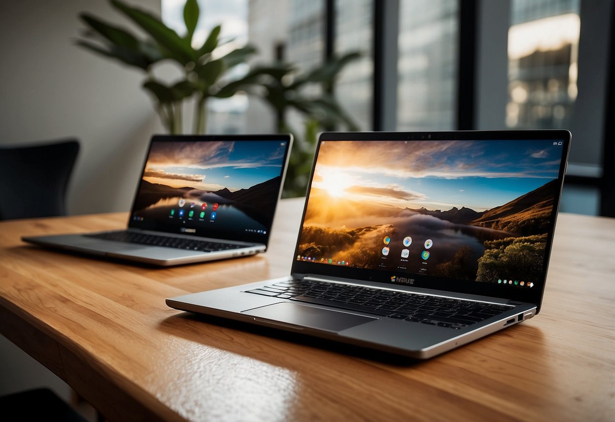 Three Chromebooks displayed with benefits listed