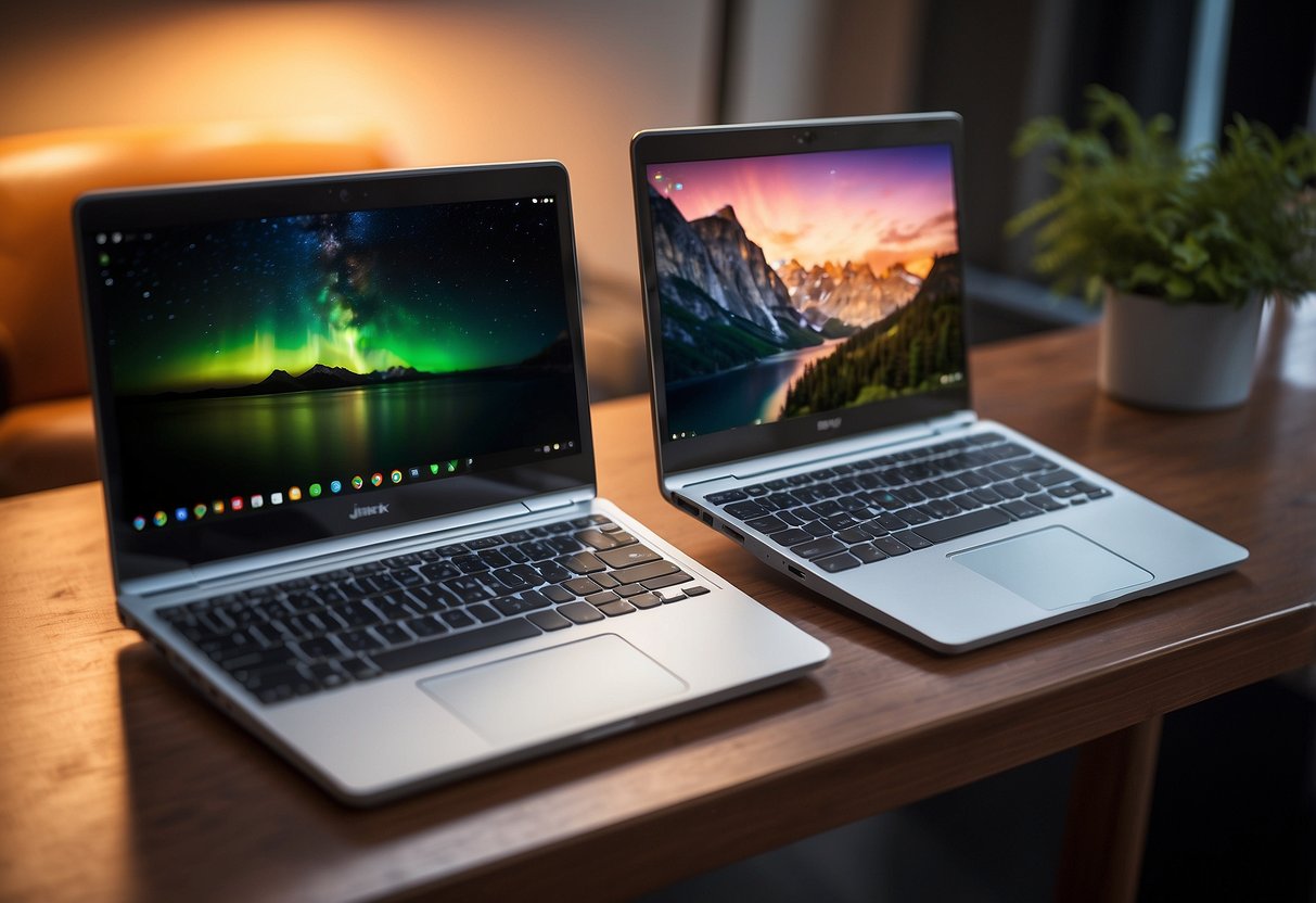 Three top Chromebooks on a modern desk with sleek design and vibrant screens