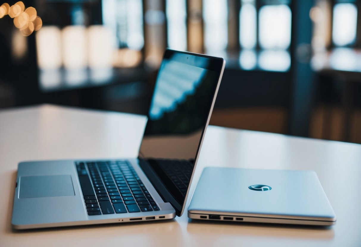 Een laptop en een Chromebook naast elkaar, waarbij de laptop een traditioneel toetsenbord en trackpad heeft, terwijl de Chromebook een slanker ontwerp en een ander besturingssysteem heeft.