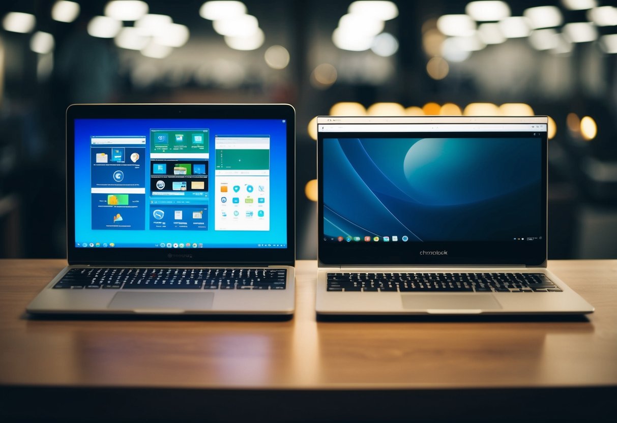 Een laptop en een Chromebook naast elkaar, die verschillende besturingssystemen en software weergeven, met verschillende poorten en functies benadrukt.