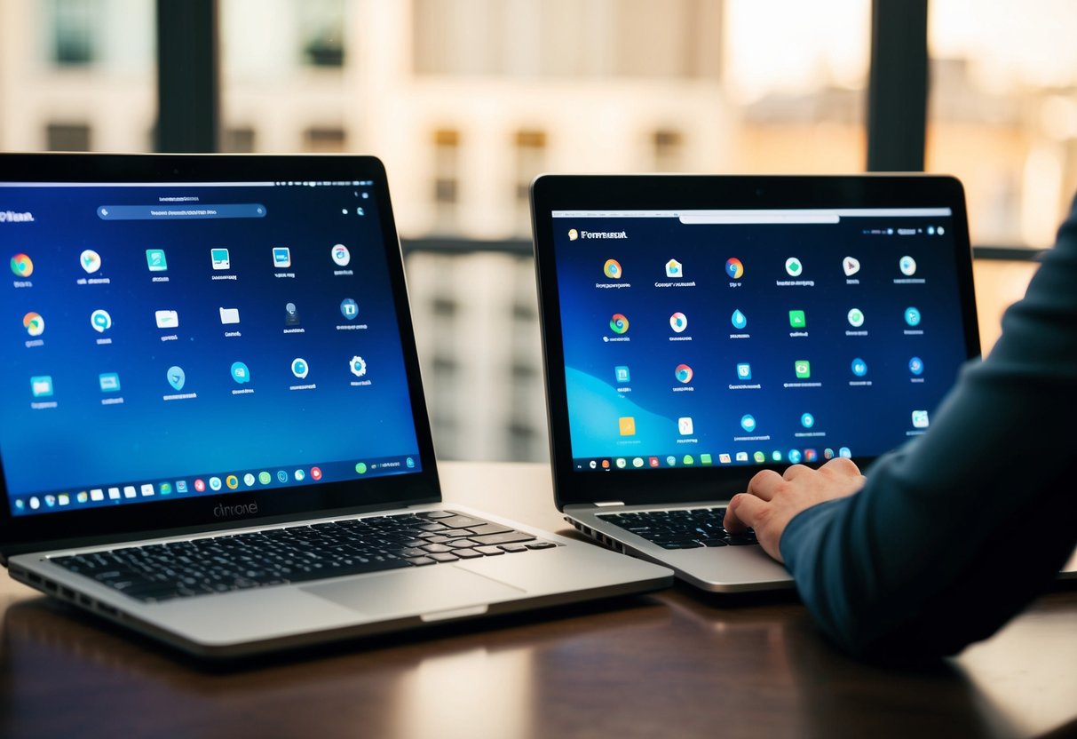 Een laptop en een Chromebook naast elkaar, met verschillende pictogrammen en applicaties op hun schermen, terwijl een persoon de verschillen tussen de twee apparaten overweegt.