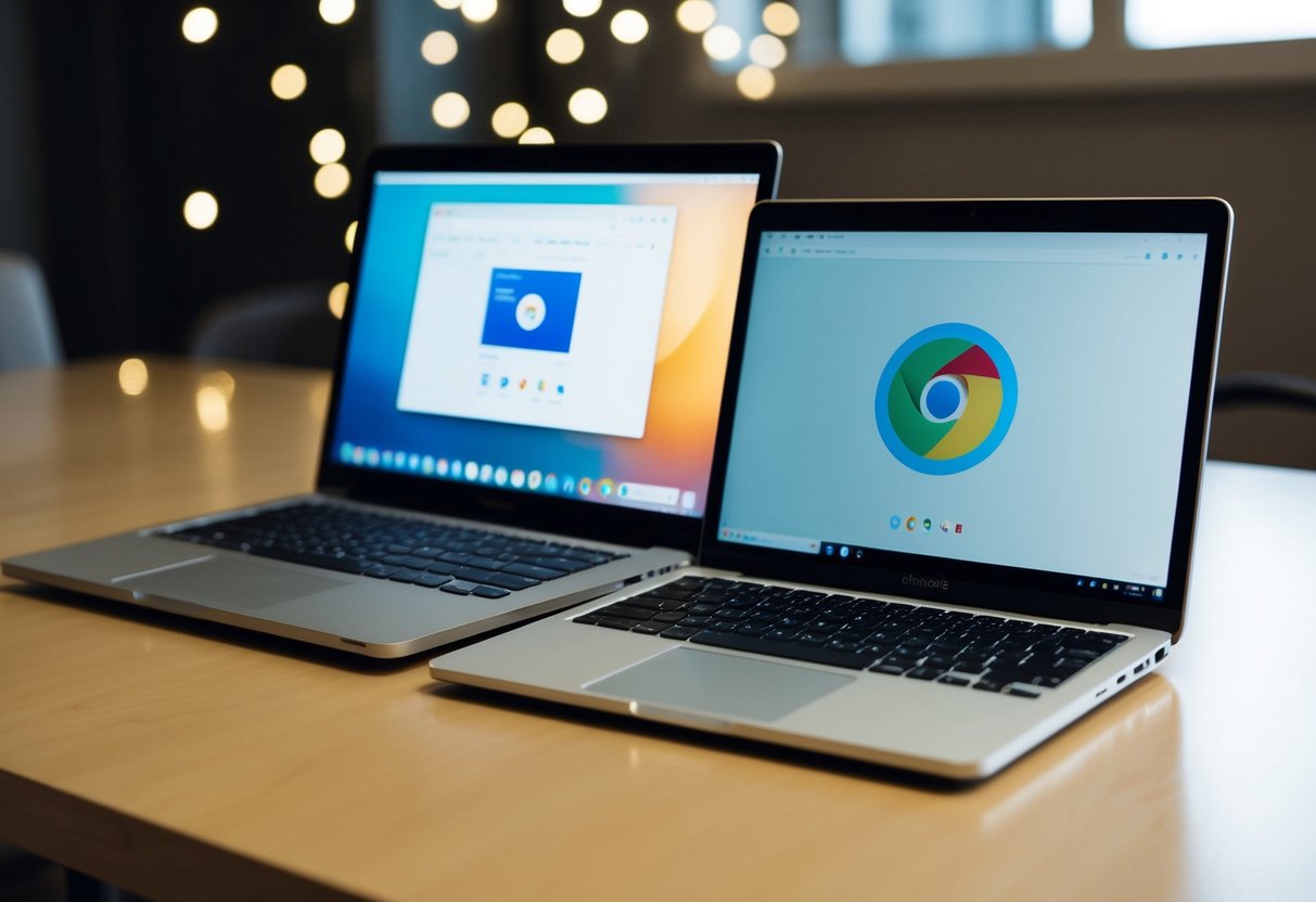 Een laptop en een Chromebook naast elkaar, waarbij de laptop een traditionele desktopinterface weergeeft en de Chromebook een vereenvoudigde browsergebaseerde interface toont.