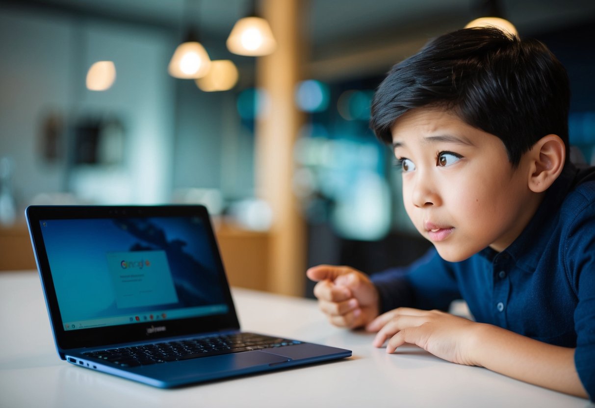 Een Chromebook Plus die op een bureau staat, met een nieuwsgierig persoon die er met een verwarde uitdrukking naar kijkt.