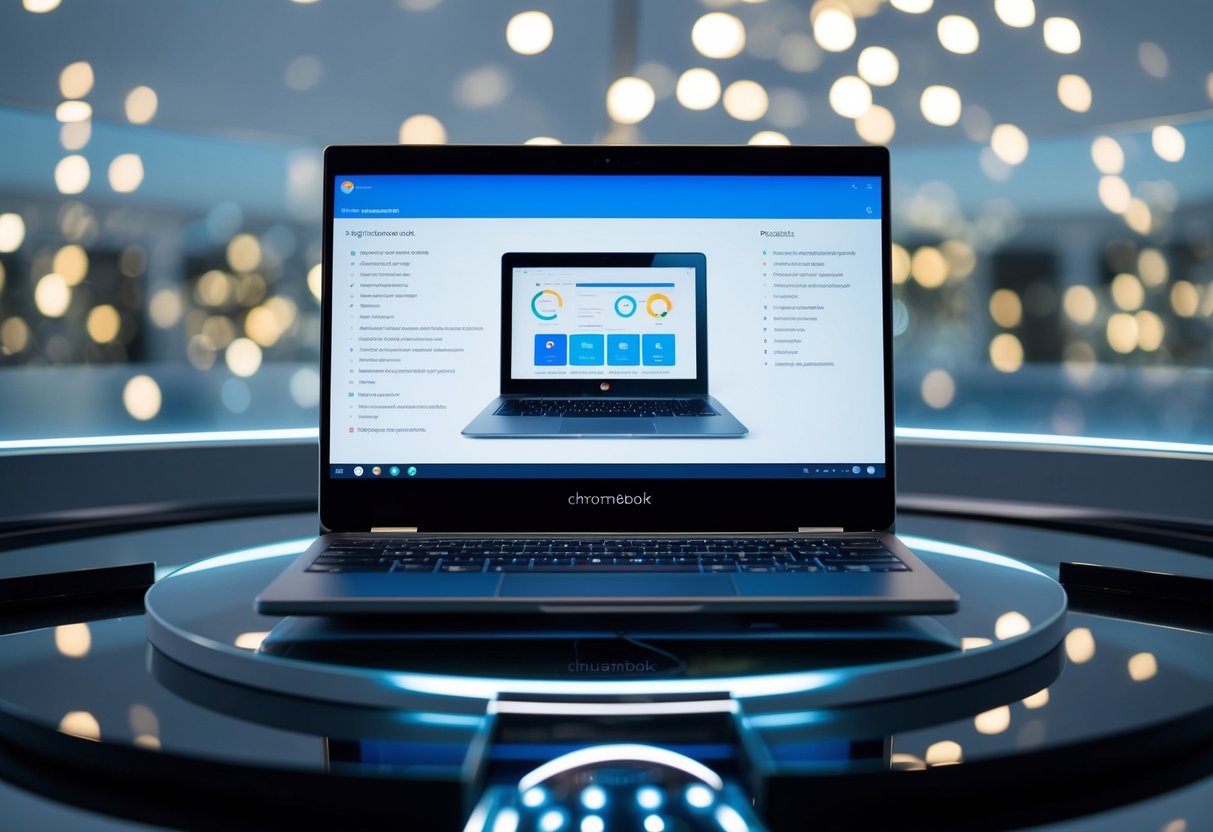 Een Chromebook Plus met technische specificaties en prestatiekenmerken weergegeven op een digitaal scherm, omringd door slanke en moderne ontwerpelementen