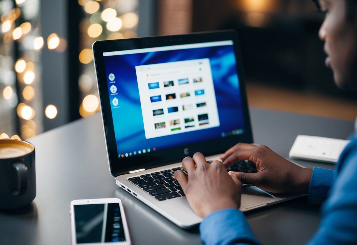 Een persoon die een Chromebook gebruikt voor verschillende taken, zoals internetten, documenten maken en videobellen.