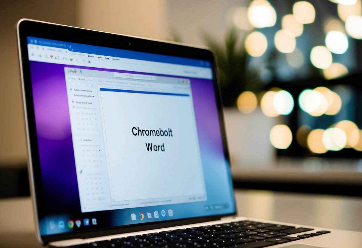 Een Chromebook-scherm met Microsoft Word, met het Chromebook-toetsenbord zichtbaar op de achtergrond