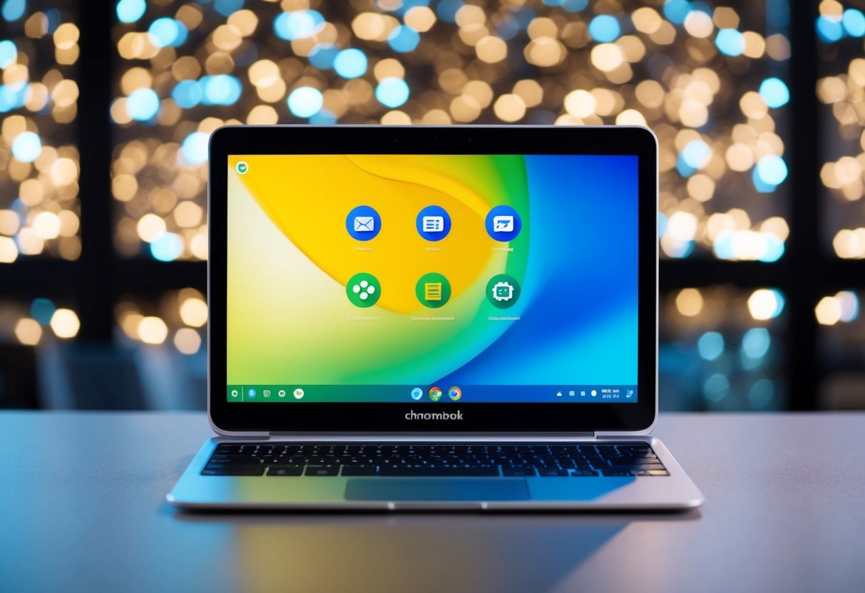 Een Chromebook met een slank ontwerp en een verlicht scherm, omringd door pictogrammen die de basisfuncties en voordelen vertegenwoordigen
