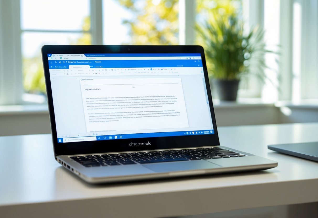 Een Chromebook staat open op een bureau, met een Word-document op het scherm. De kamer is helder verlicht met natuurlijk zonlicht dat door het raam naar binnen stroomt.