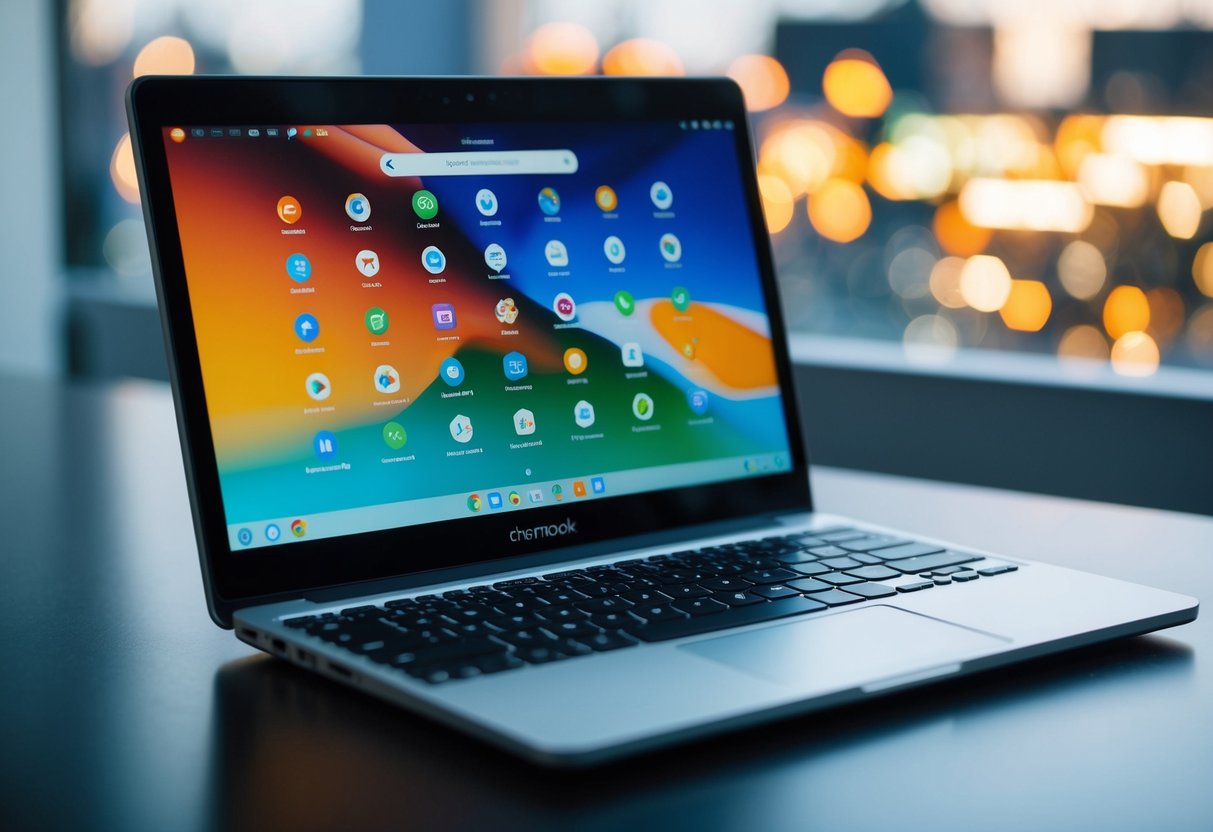 Een Chromebook open op een bureau, met verschillende apps en tabbladen weergegeven op het scherm