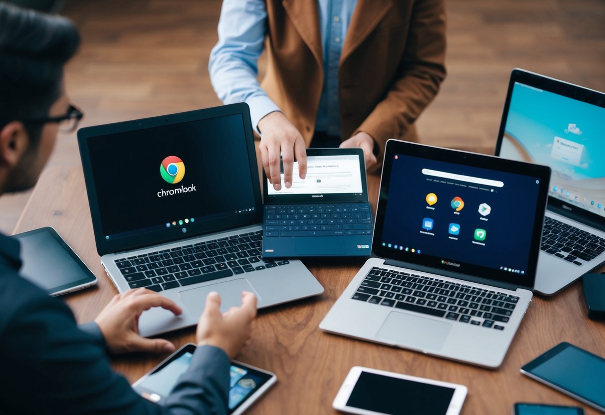 Een persoon die verschillende Chromebook-modellen vergelijkt, omringd door verschillende elektronische apparaten en consumentenrecensies leest.