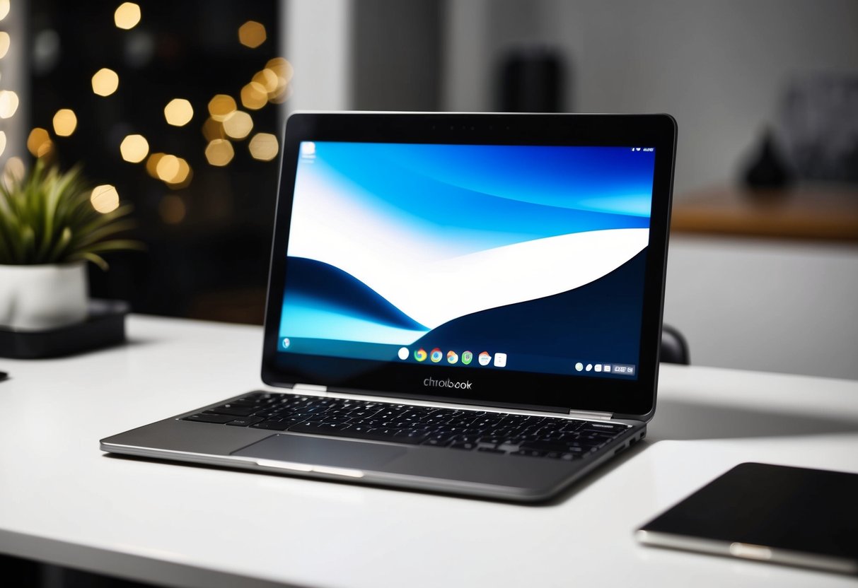 Een Chromebook met een touchscreen open op een bureau