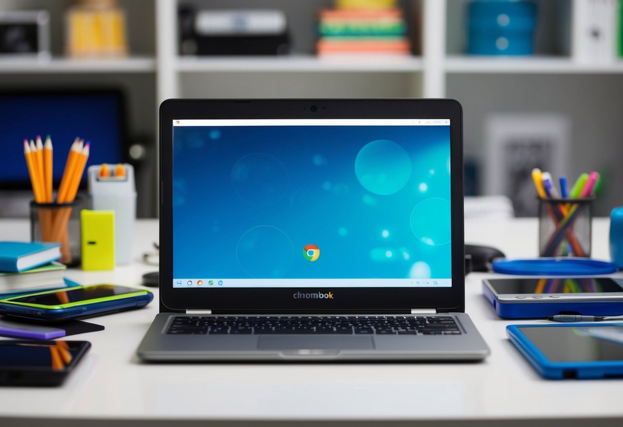 Een Chromebook met een touchscreen op een bureau, omringd door verschillende elektronische apparaten en schoolbenodigdheden