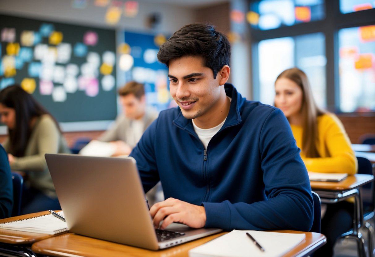 Een student die een Chromebook gebruikt om aantekeningen te maken in een klaslokaal