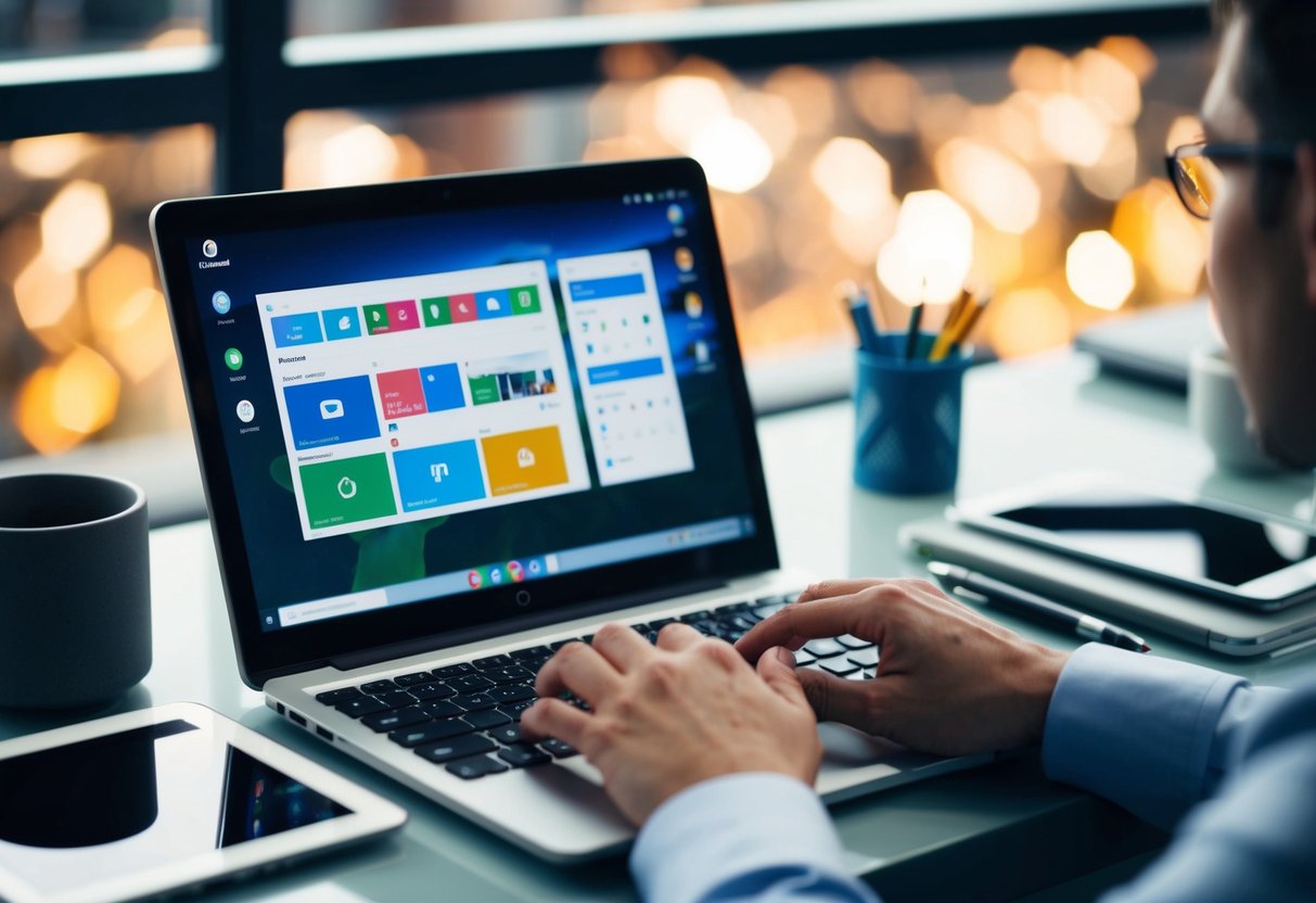 Een persoon die aan een bureau zit met een nieuwe Chromebook open, omringd door verschillende productiviteitsapps en -tools, klaar om ze te gaan gebruiken.