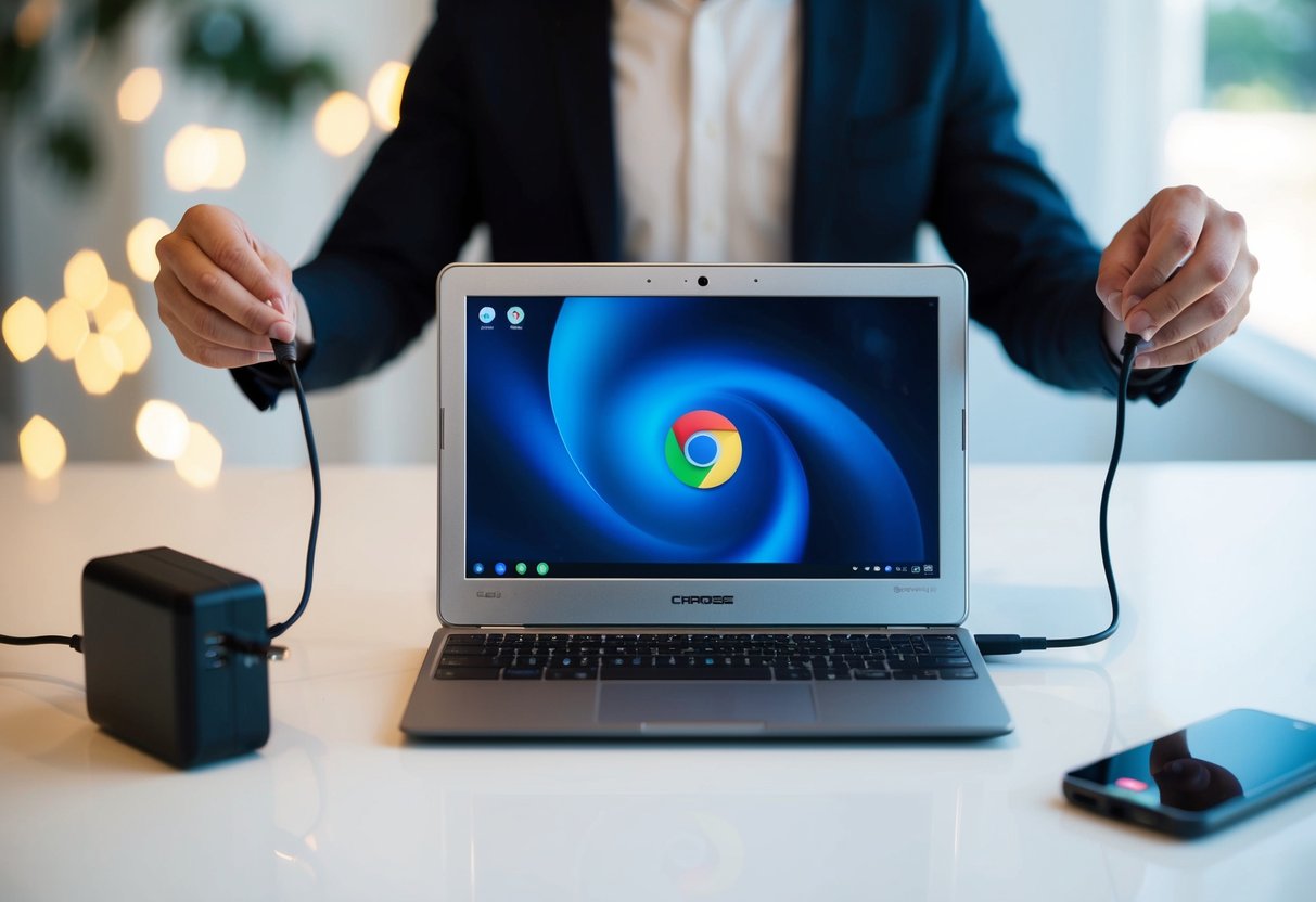 Een persoon die een gloednieuwe Chromebook opent, de oplader aansluit en het apparaat met enthousiasme instelt.