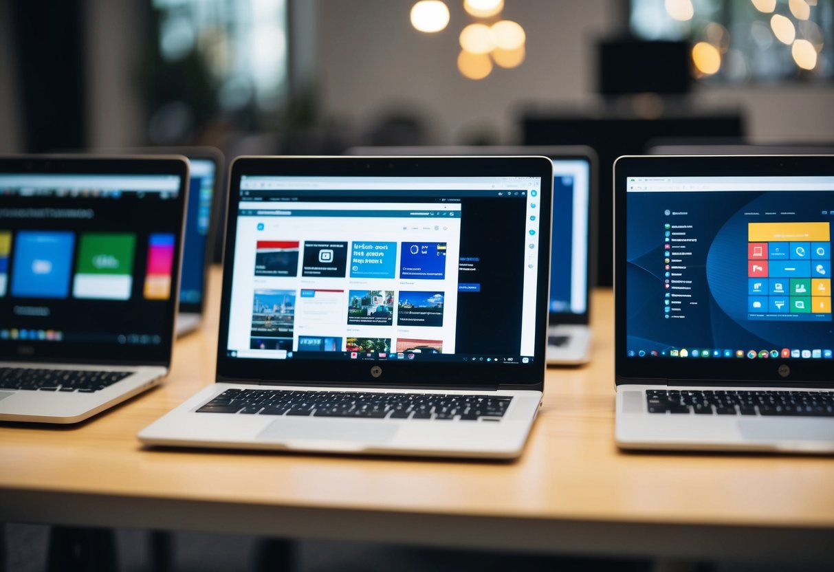 Een groep Chromebook-browsers staat open op een bureau, met verschillende tabbladen en vensters geopend, die verschillende websites en toepassingen weergeven.