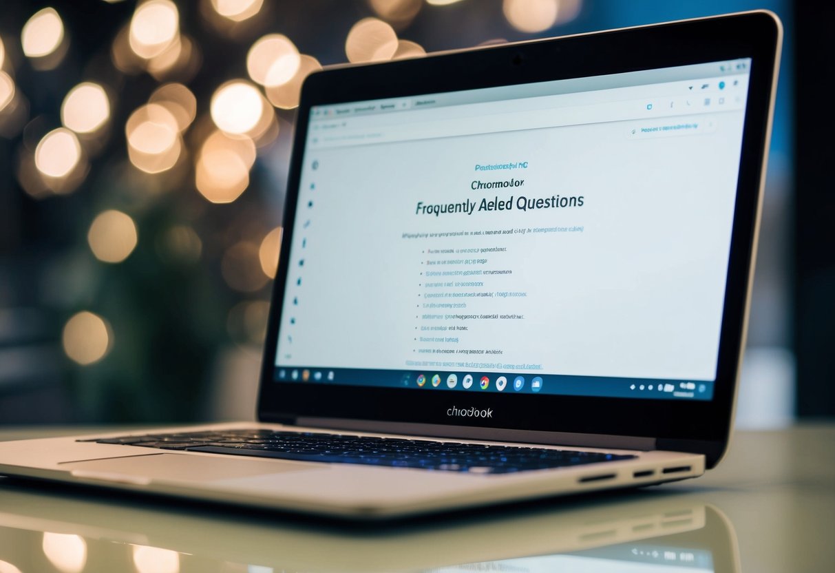 Een Chromebook met een open browser die een 'Veelgestelde Vragen'-pagina weergeeft