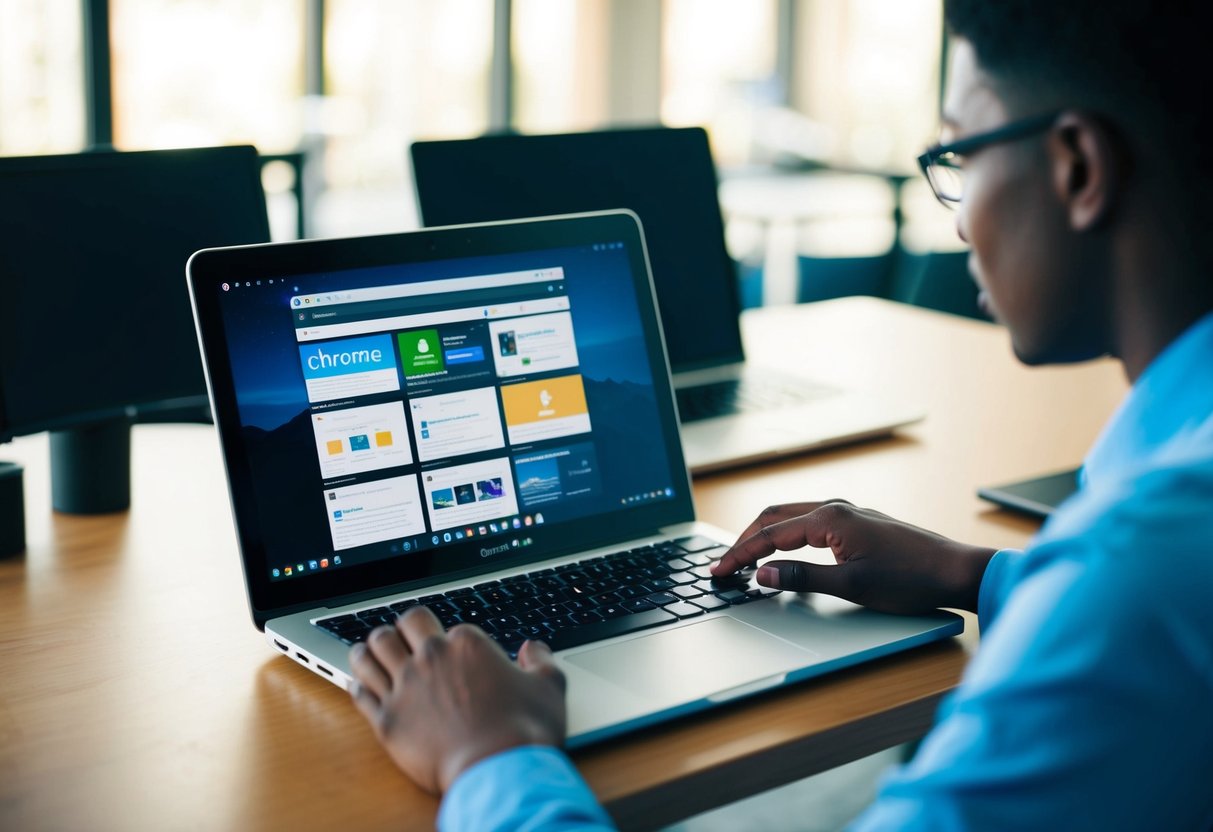 Een persoon die aan een bureau zit en een Chromebook gebruikt met meerdere web browsers op het scherm weergegeven.