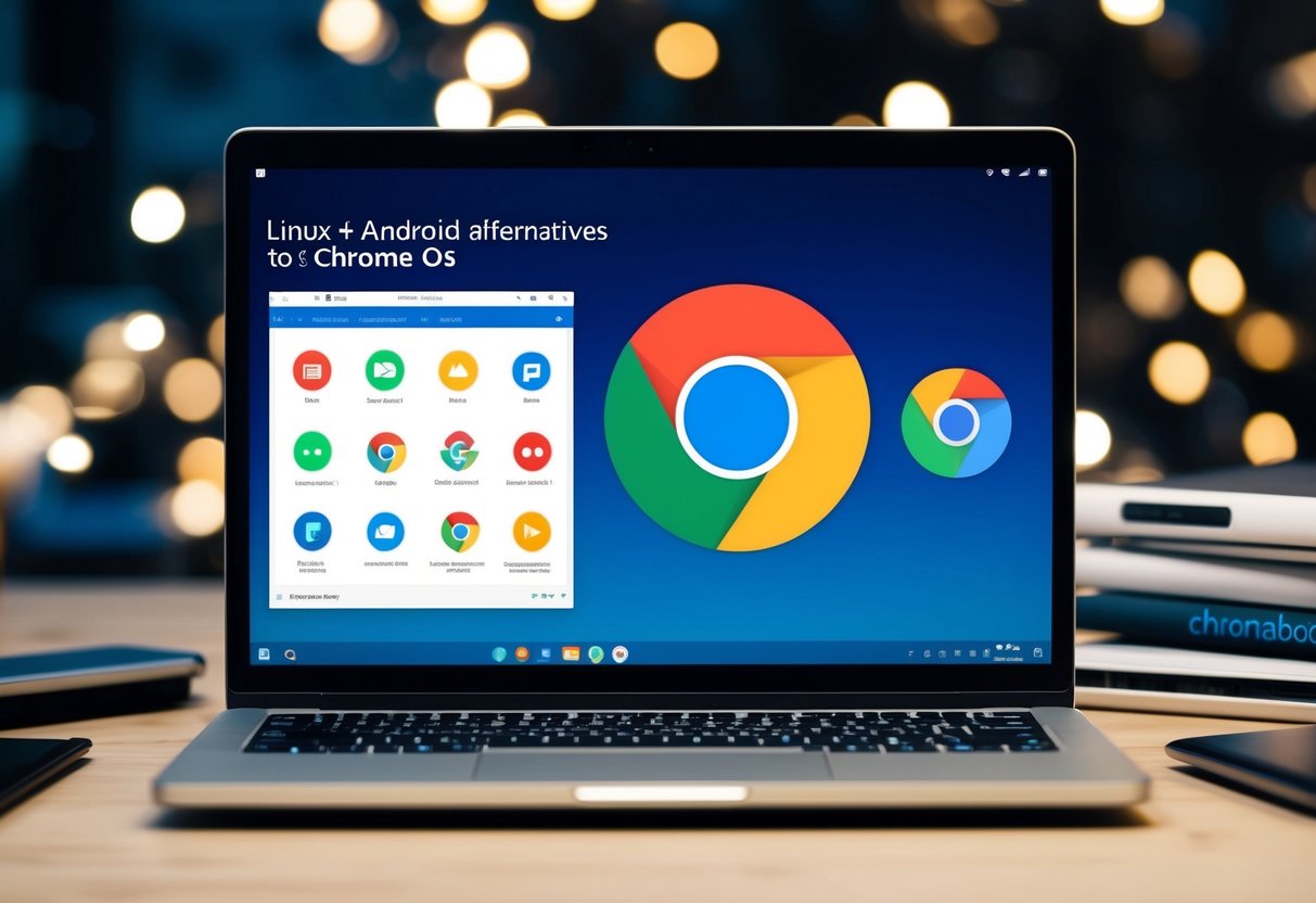 Een laptop die Linux- en Android-alternatieven voor Chrome OS weergeeft, met een Chromebook en browsers op de achtergrond.