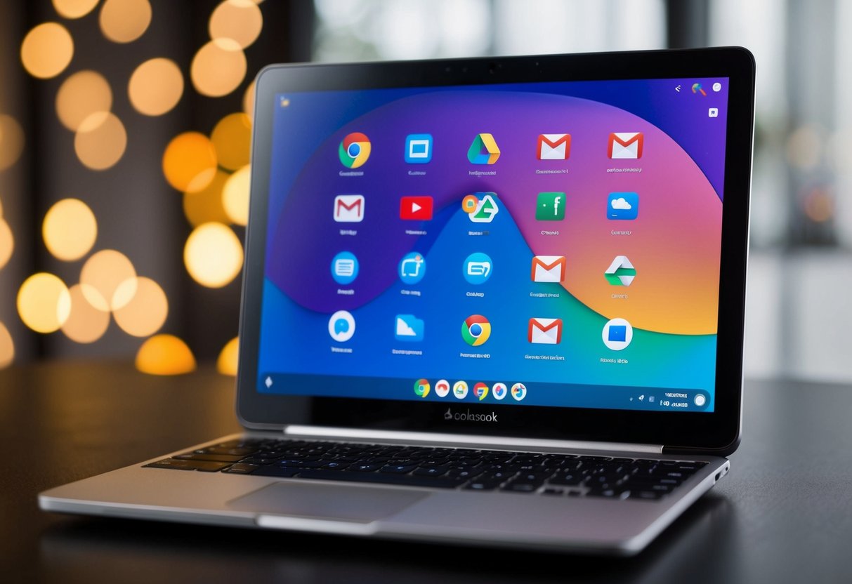 Een Chromebook met verschillende app-pictogrammen op het scherm, waaronder Google Chrome, Gmail, Google Drive en andere productiviteits-apps.