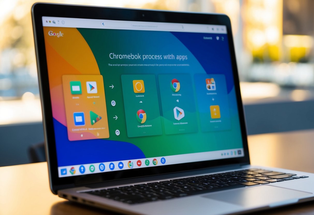 Een Chromebook-scherm dat het installatieproces van verschillende apps uit de Google Play Store weergeeft, met de Google Chrome-browser op de achtergrond geopend.