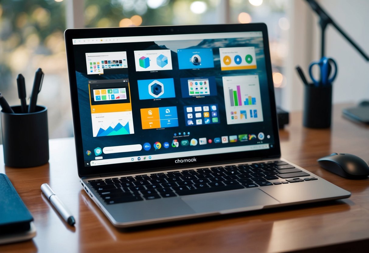 Een Chromebook open met verschillende grafische en productiviteitsapps op het scherm, omringd door een stylus, muis en andere digitale tools.