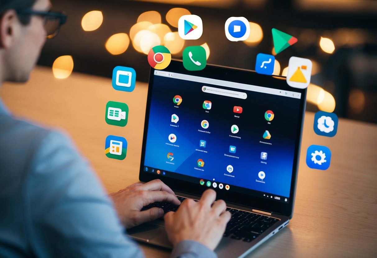 Een persoon die een Google Chromebook gebruikt, omringd door verschillende app-iconen en een zoekbalk voor "Veelgestelde Vragen."