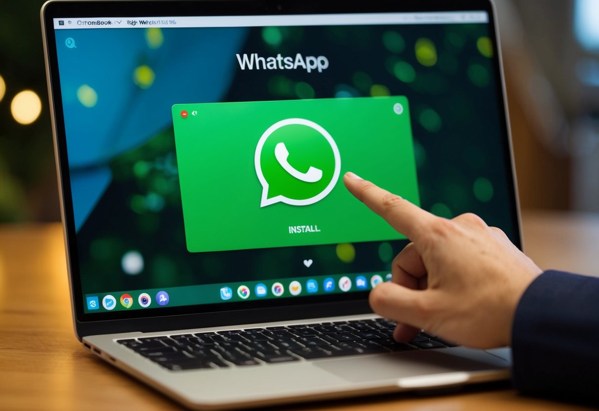 Een Chromebook open met de WhatsApp Web-website op het scherm, met de cursor van de gebruiker die op de knop 'Installeren' klikt.