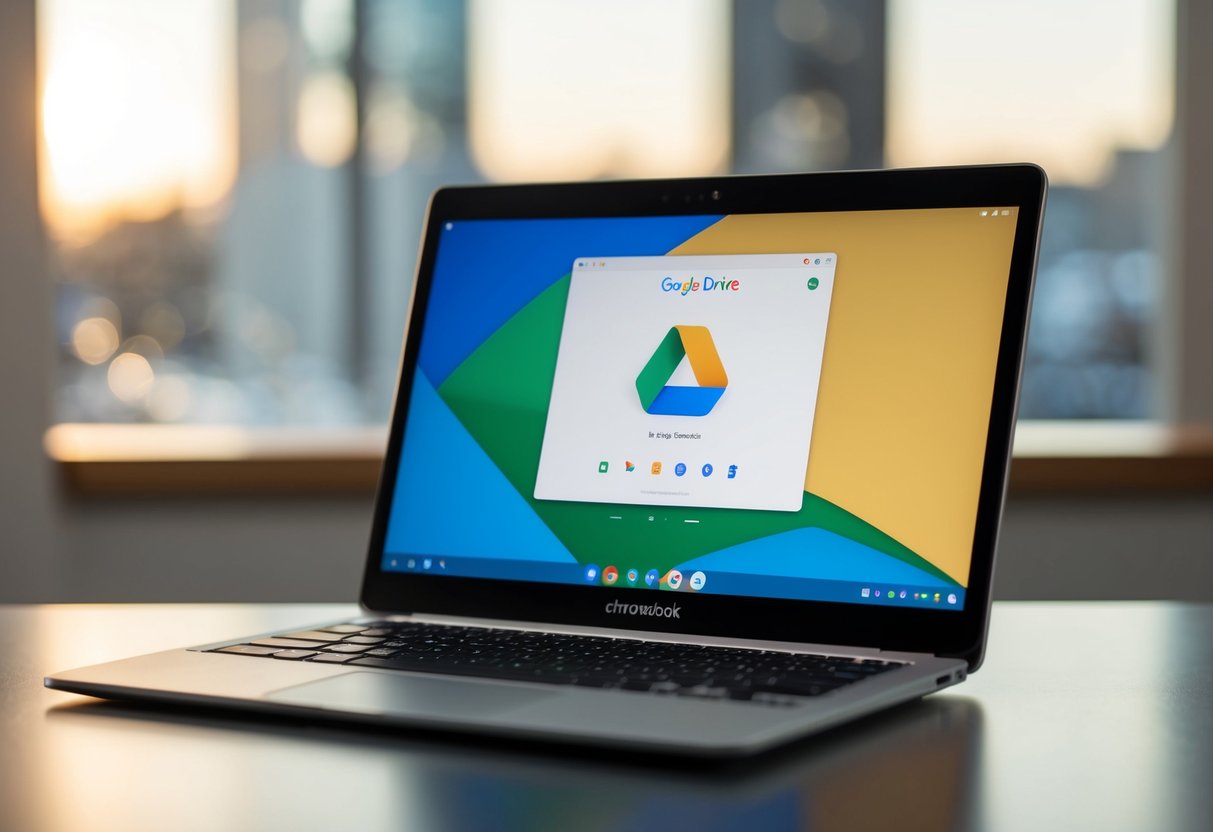 Een Chromebook open op een bureau, met de Google Drive-interface op het scherm