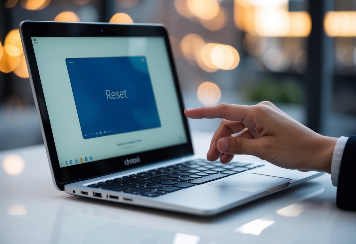 Een hand die reikt naar een Chromebook met een resetknop die op het scherm is gemarkeerd