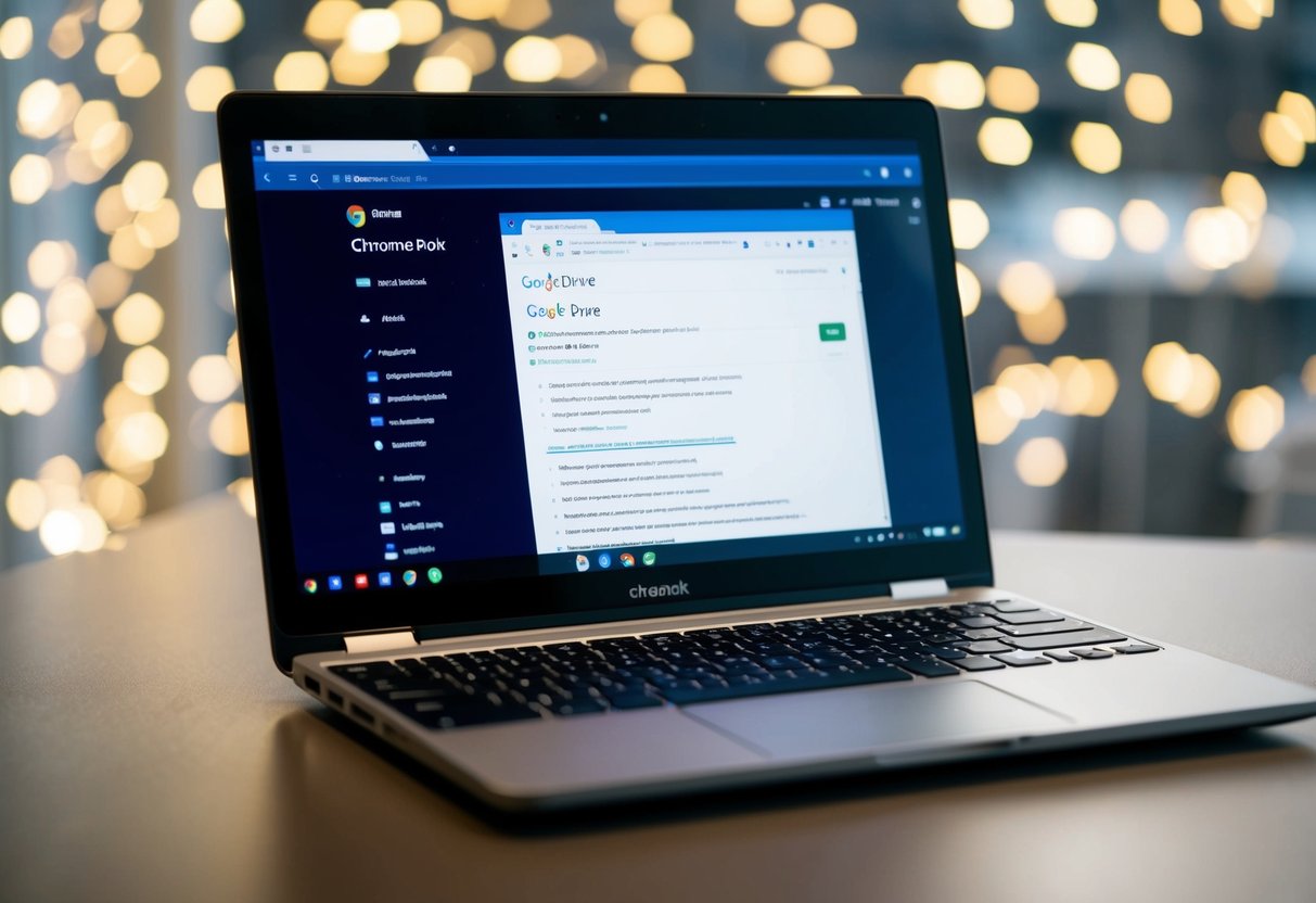 Een Chromebook open met een webbrowser waarop een Google Drive FAQ-pagina wordt weergegeven