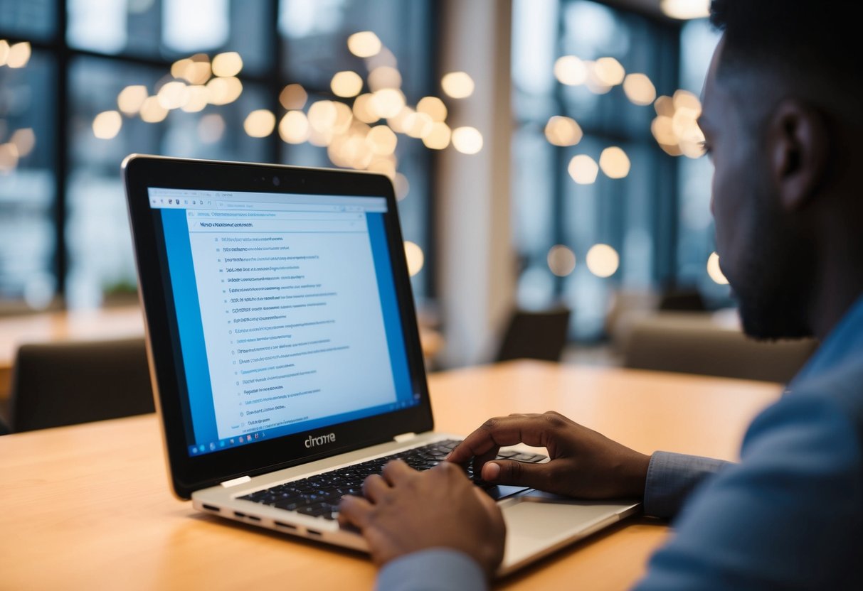 Een persoon die een Chromebook gebruikt om toegang te krijgen tot een FTP-site terwijl hij naar een lijst met veelgestelde vragen op het scherm kijkt.