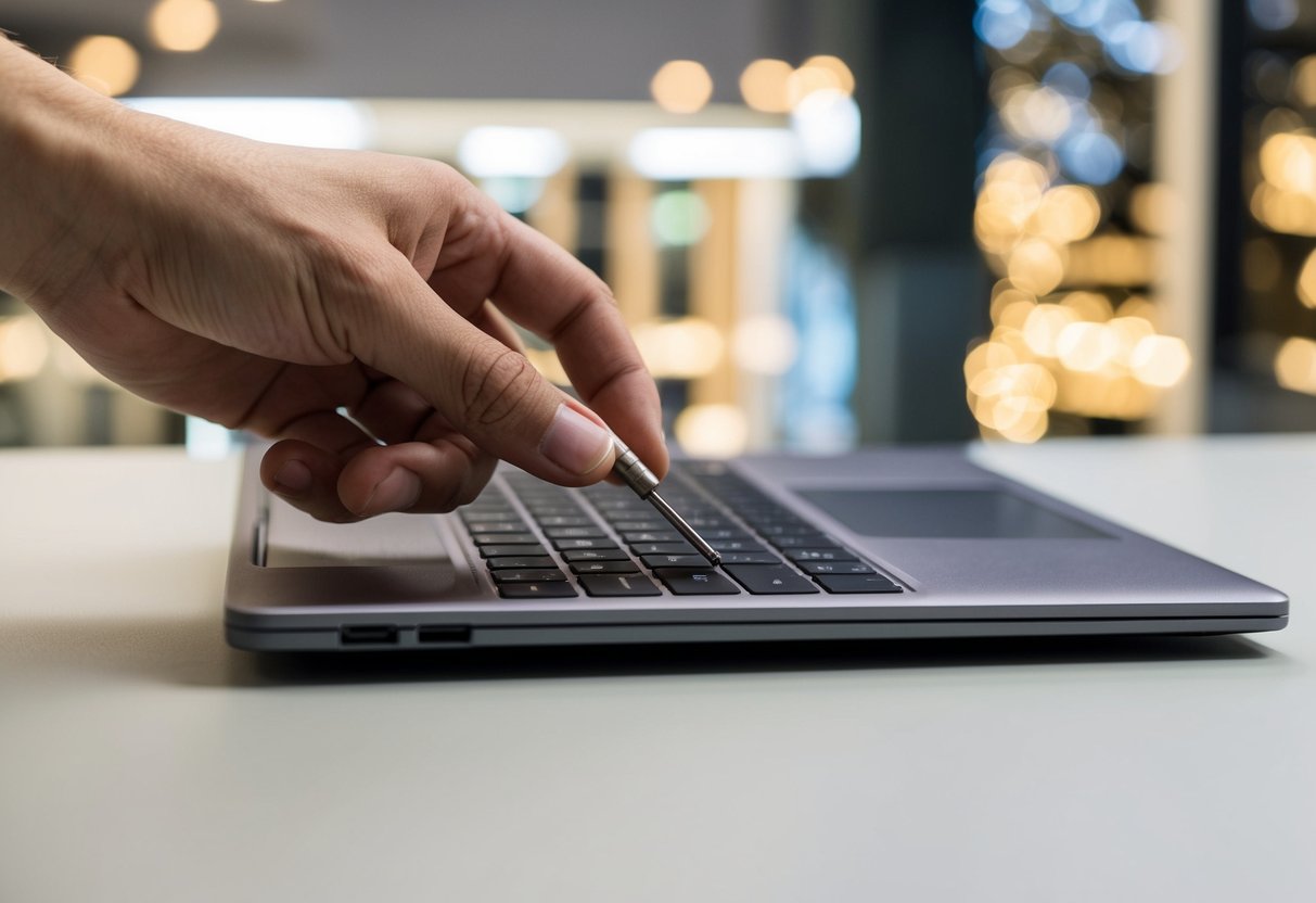 Een persoon plaatst een Chromebook op een vlakke ondergrond en drukt met een klein hulpmiddel op de resetknop.