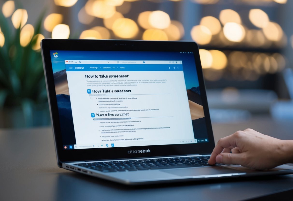 Een Chromebook met een scherm dat een stapsgewijze handleiding toont over hoe je een screenshot maakt, met een muiscursor die op de relevante knoppen klikt.