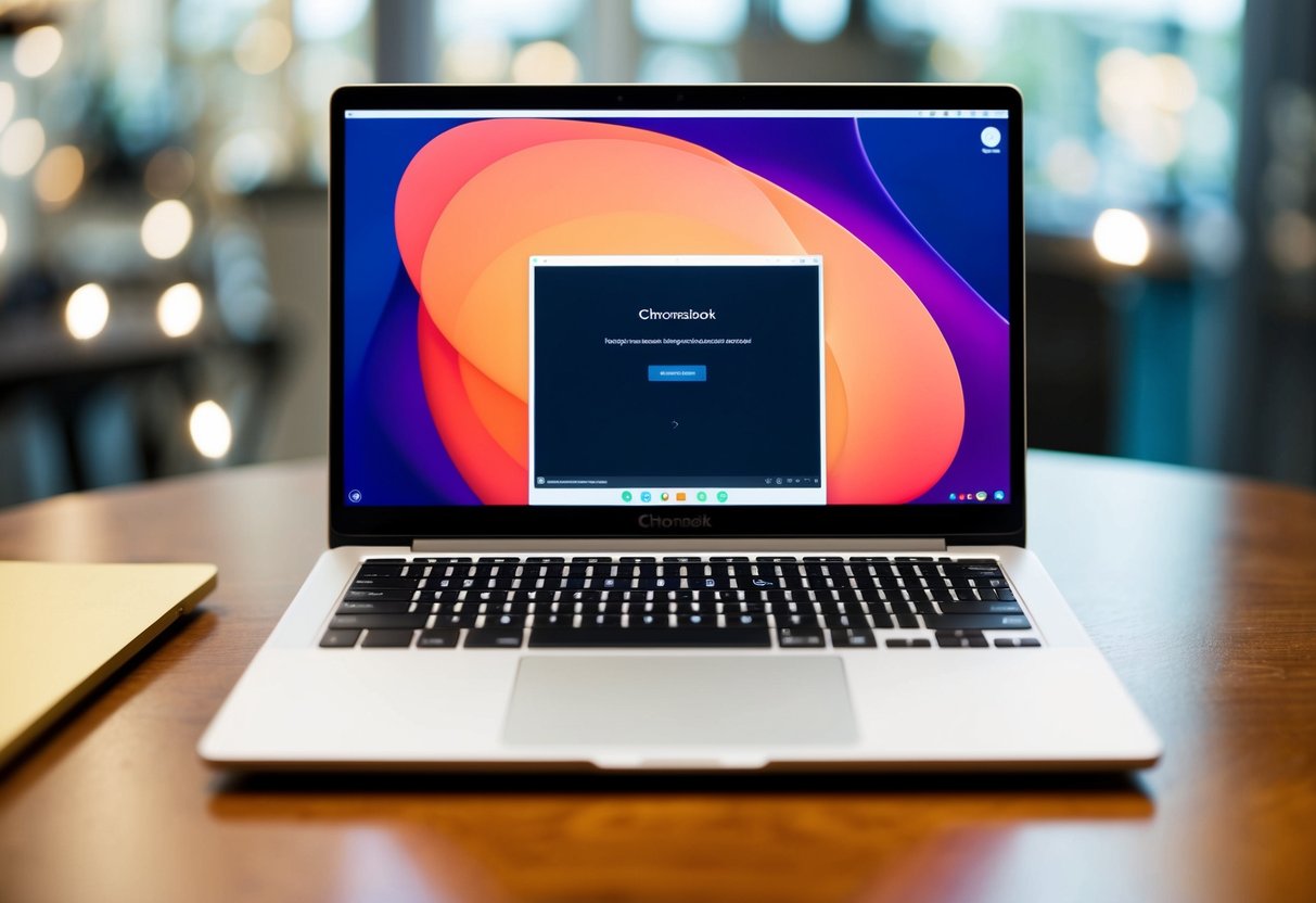 Een Chromebook-scherm met een toetsenbord, dat het proces van het maken van een volledige screenshot toont.