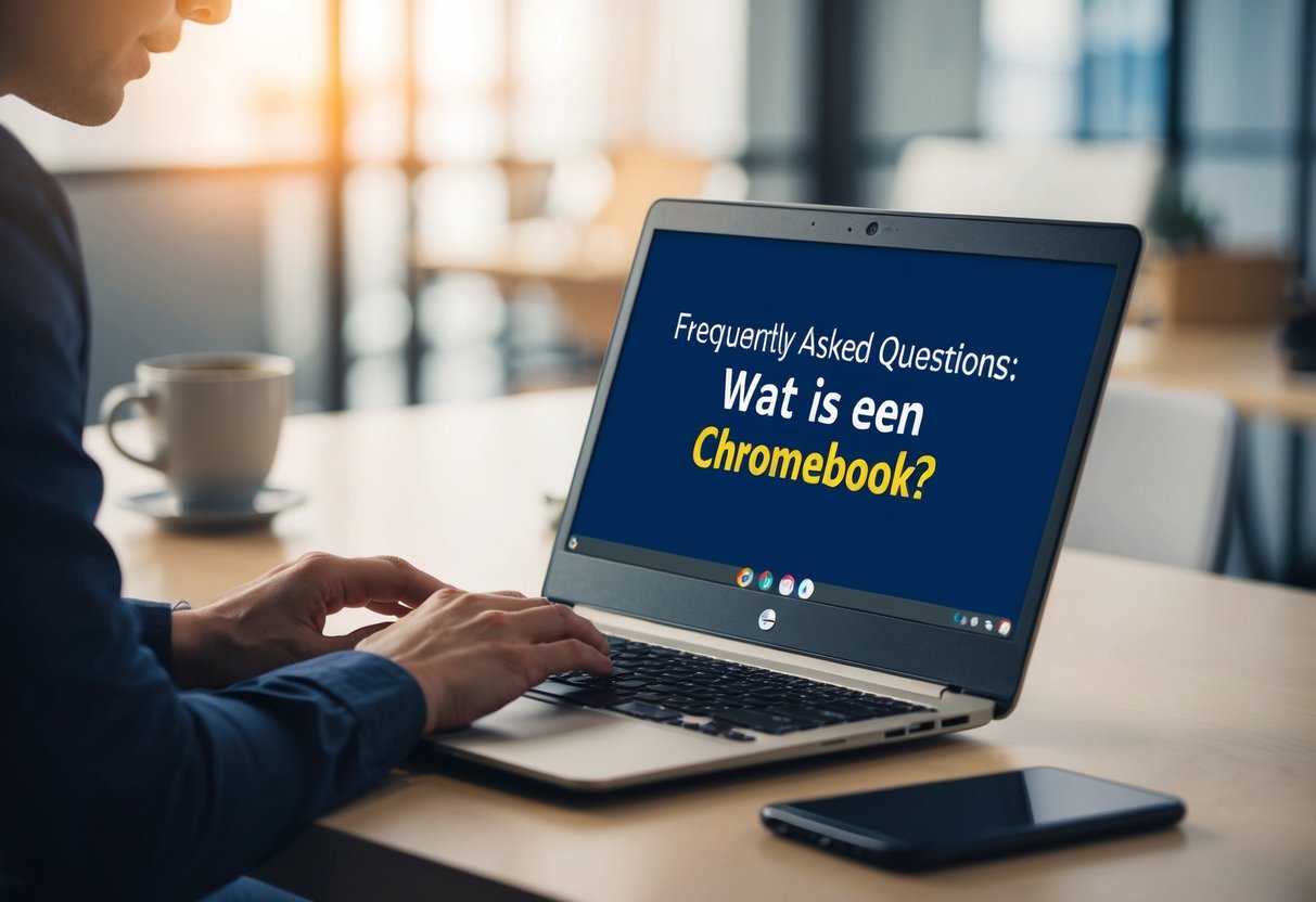 Een persoon die aan een bureau zit, opent een Chromebook terwijl hij naar een scherm kijkt met de woorden "Veelgestelde Vragen: Wat is een Chromebook?" weergegeven.